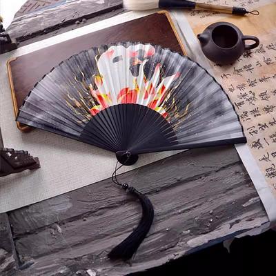 Antique Folding Fan, Nine Tailed Fox, Fairy Crane, Carrying Summer Hanfu for Men and Women, 7 "Full Bamboo Folding Fan