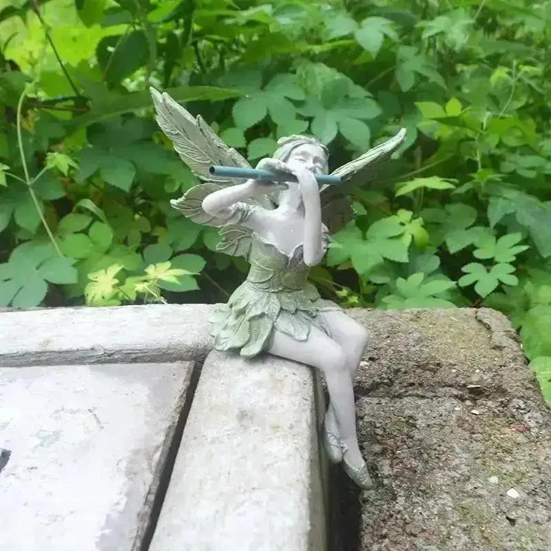 Playing The Flute Fairy Statue Angel Garden Sculpture Living Room Decoration Outdoor Garden Lawn Courtyard Resin Crafts