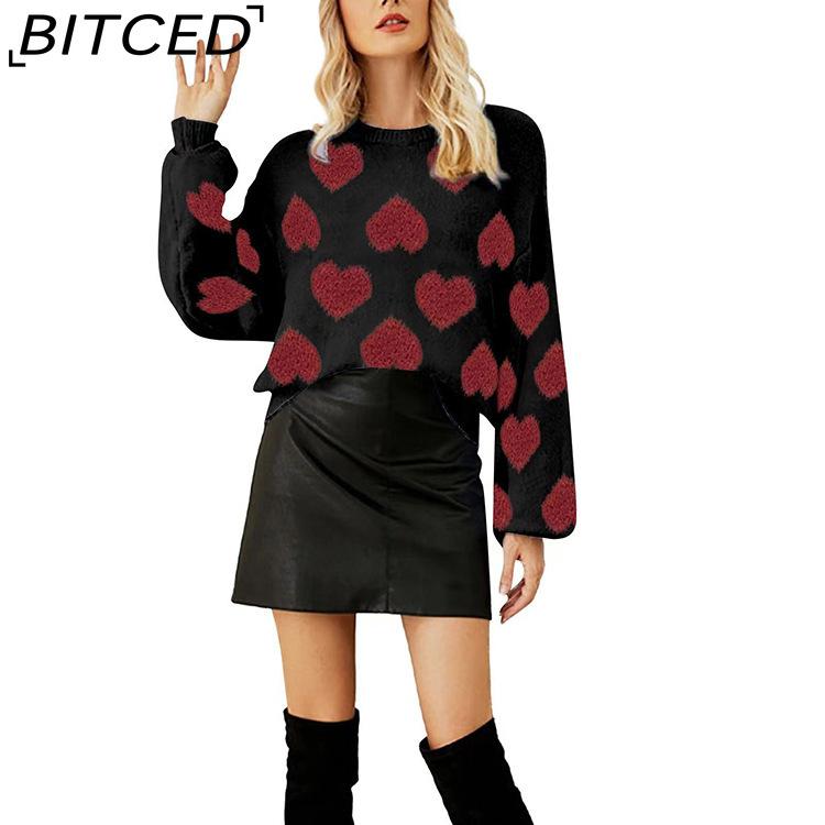 BITCED Bubble Sleeve Valentine's Pink Sweater Loose-Fit Sweet Heart-Patterned Cable-Knit Pullover