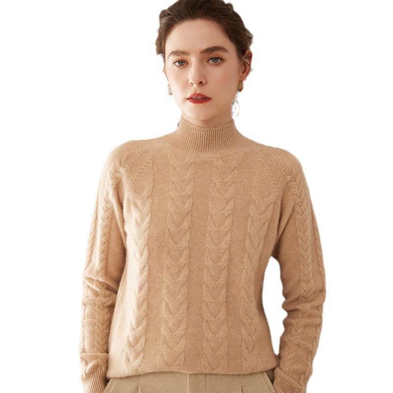 Women's Solid Color Twist Pattern Cashmere Sweater, Semi-high Neck, Loose Fit