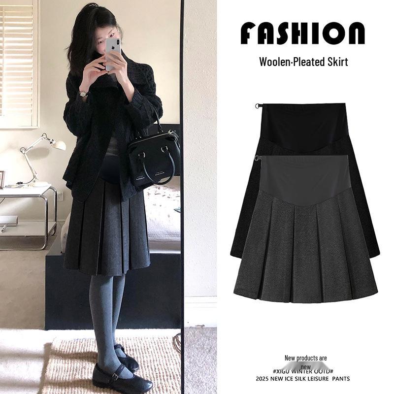 Maternity Grey Wool Pleated A-line Skirt, Winter 2025 Slimming Short Petite Midi XL