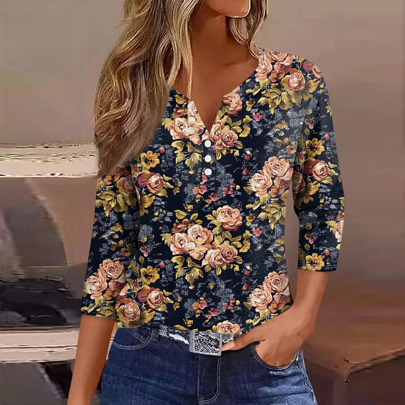 

Женская модная повседневная футболка с цветочным принтом, V-образным вырезом, коротким рукавом, декоративными пуговицами и рукавом три четверти M