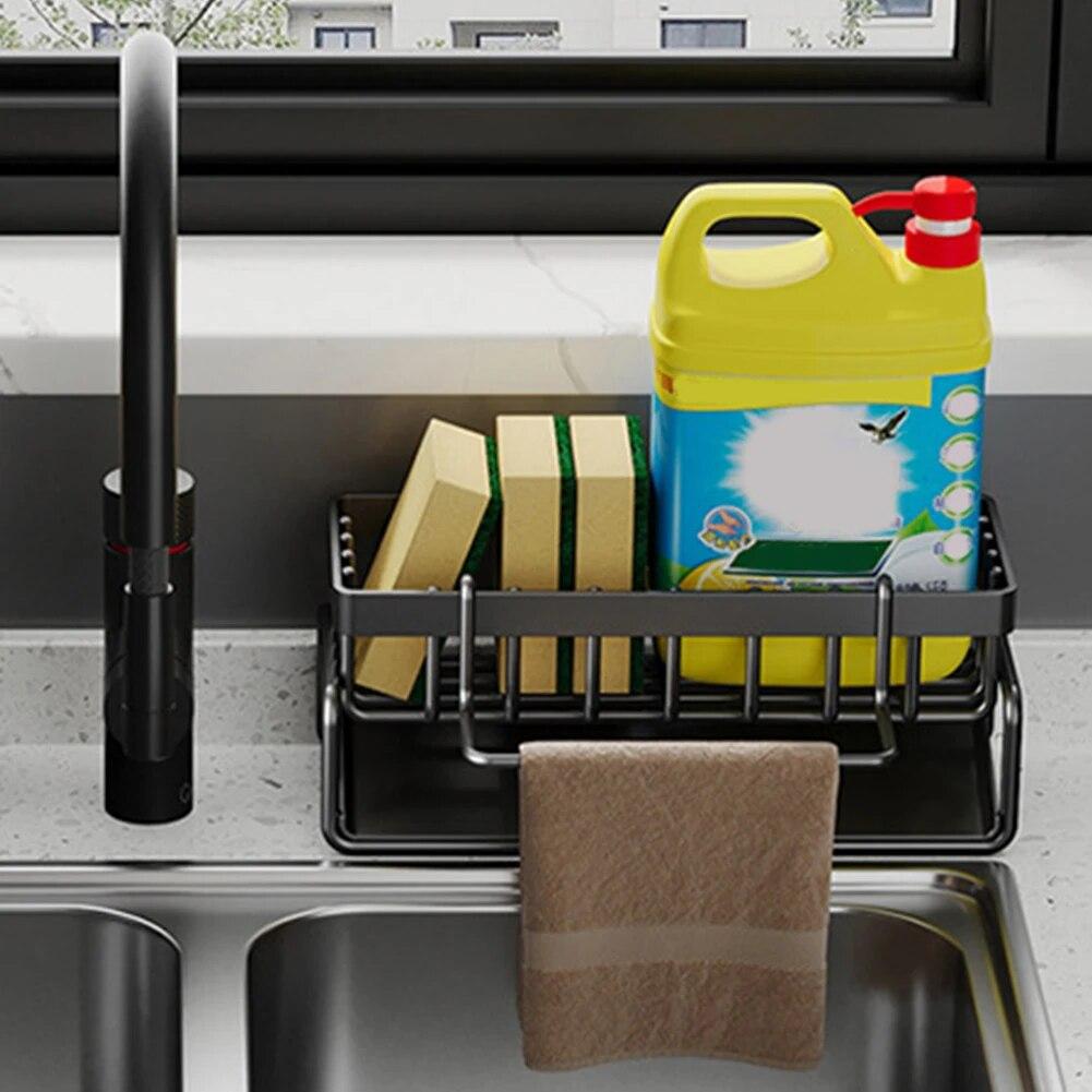 Kitchen Sink Rack Organizer Kitchen Sink Sponge Holder With Self-draining Tray Dish Soap Scrub Dishcloth Shelf Stainless Steel