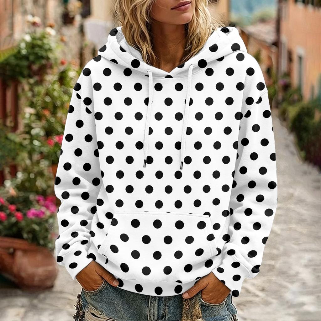 Women's Polka Dot Print Hooded Long Sleeve Sweatshirt with Pocket and Casual Top