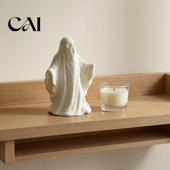 Halloween Party Supplies 3D Printed Ghost Statue Ornament, Funny Figurine, Minimalist Pleated Spooky Home Accents Cloak Sculpture for Tabletop