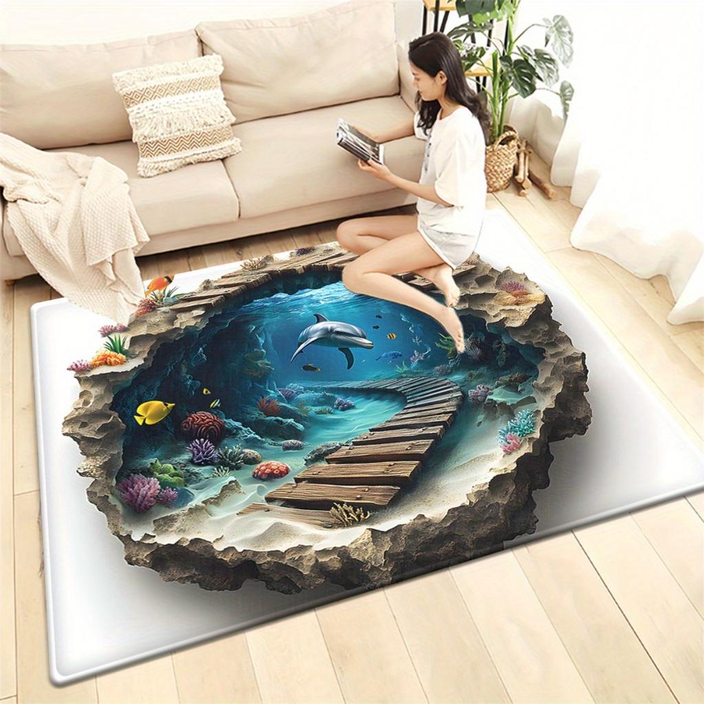 Underwater Dolphin Rug: Dive Into Ocean Life with 3D Effect | Creative Living Room Flooring Ideas Skid Resistant Carpet
