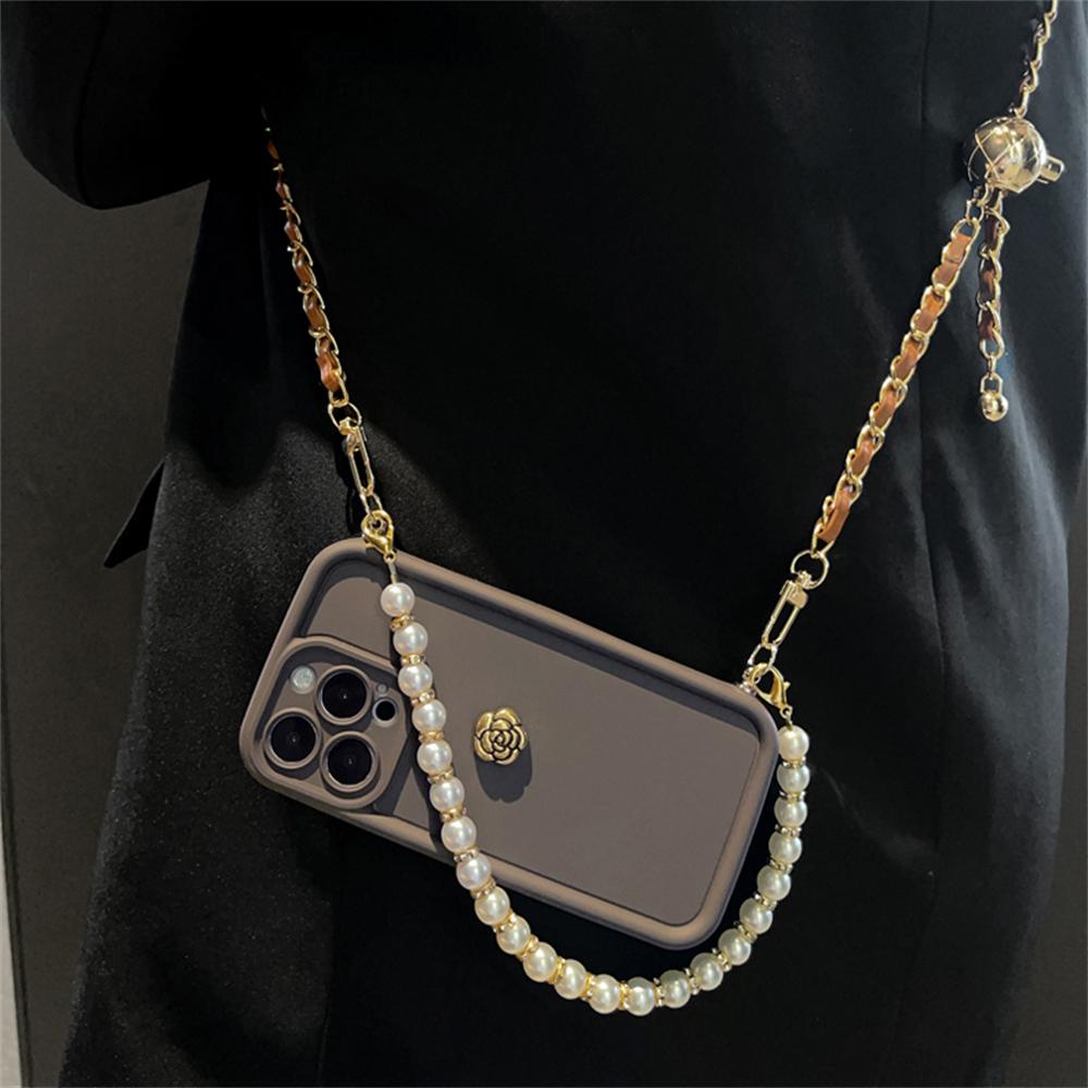 

3D Camellia Pearl Chain Crossbody Lanyard Soft Case For iPhone 15 14 Pro Max 12 13 11 XS XR 7 8 Plus Shockproof Back Cover for iphone 14ProMax&case with strap