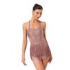 Dames Latijns Dansjurk Transparant Mesh Patchwork Strass Gelaagde Kwastjes Franje Eendelig Bodysuit