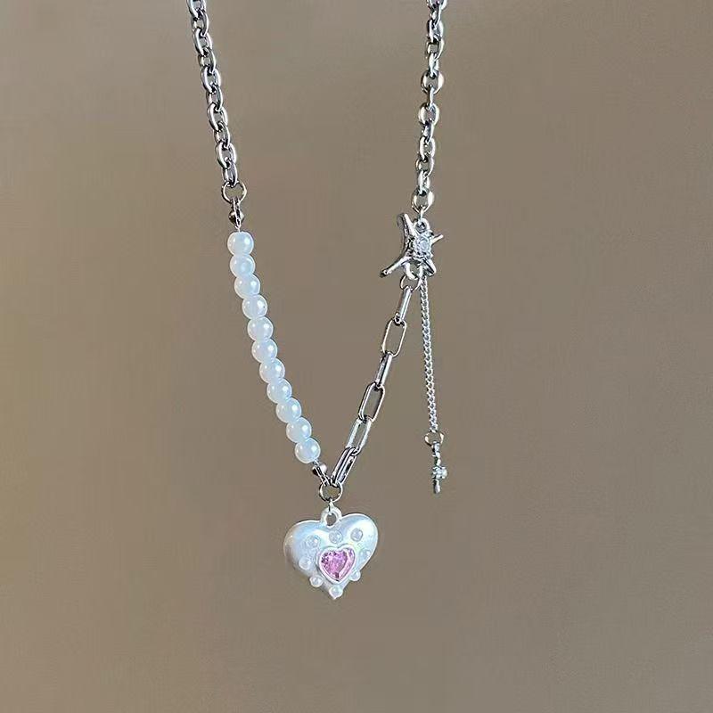 Exquisite Double-Layer Pink Heart Zircon Pearl Necklace Women's Beaded Clavicle Chain
