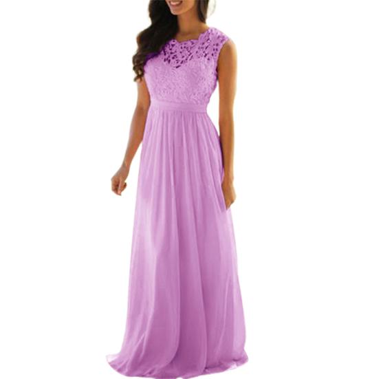 O-neck Waist Tight Sleeveless Draped Hem Chiffon Dress Elegant Crochet Lace Patchwork Long