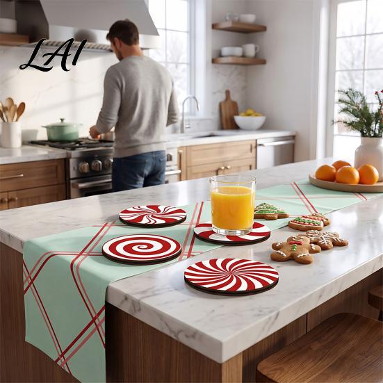 Winter Home Decor Accessories 4Pcs Red White Spiral Wooden Coasters Round Peppermint Candy Drink Lightweight Stackable Wood Mat Heat‑Resistant Cup