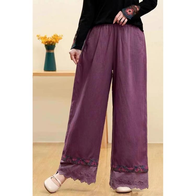 Damen Retro Bestickte Lässige Weitbein Hose Sommer Baumwoll- und Leinenhose Locker Gerade Bein Hose