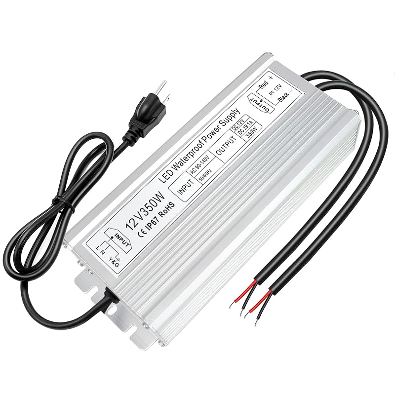 inShareplus 12V Power Supply, 300W IP67 Waterproof LED Power Supply, AC 110-260V to DC 12 Volt 25A Low Voltage Transformer, LED Driver with 3-Prong
