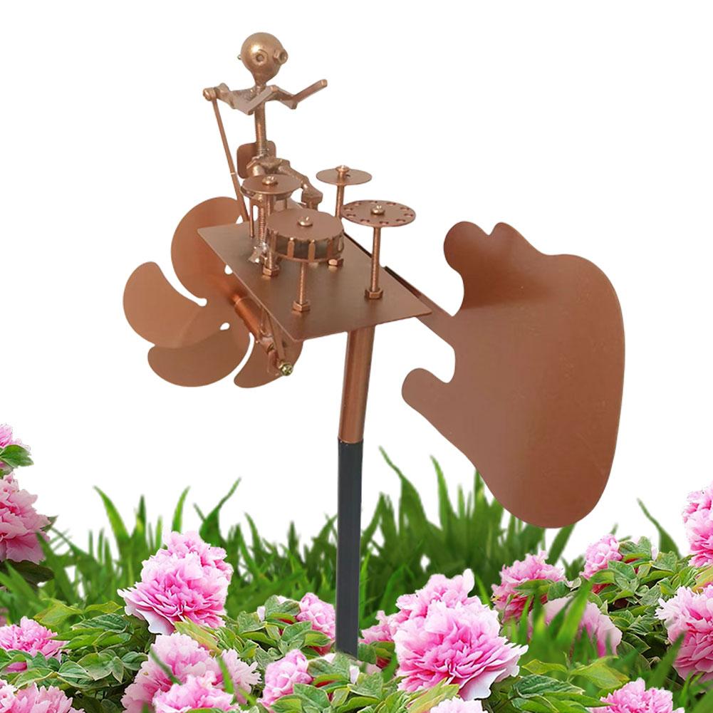 Metal Drummer Windmill Statue Decorative Power Rock Art Ornament Percussionist Music Figurines for Garden Patio Lawn Backyard