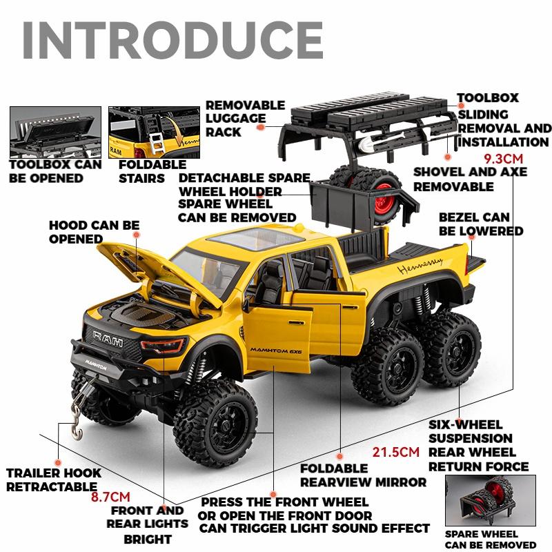 1:24 Dodge Mammoth RAM 1000 TRX 6x6 Pickup Metal Alloy Diecast Model Car Children's Toy Car With Light Collections Gifts Friend