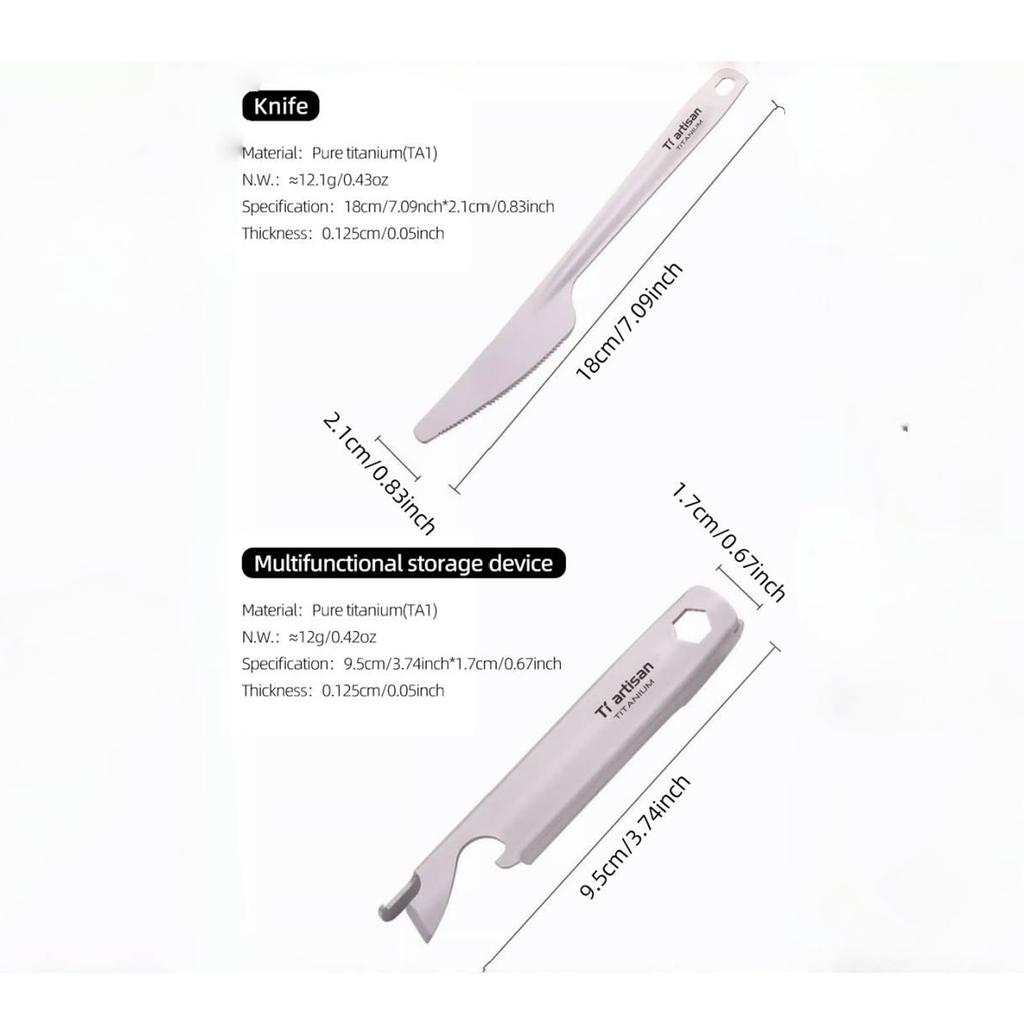 Ti Artisan Titanium Fork Spoon Bottle Opener, 4-Piece Utility Cutlery Set for Camping, Travel, and Everyday Use