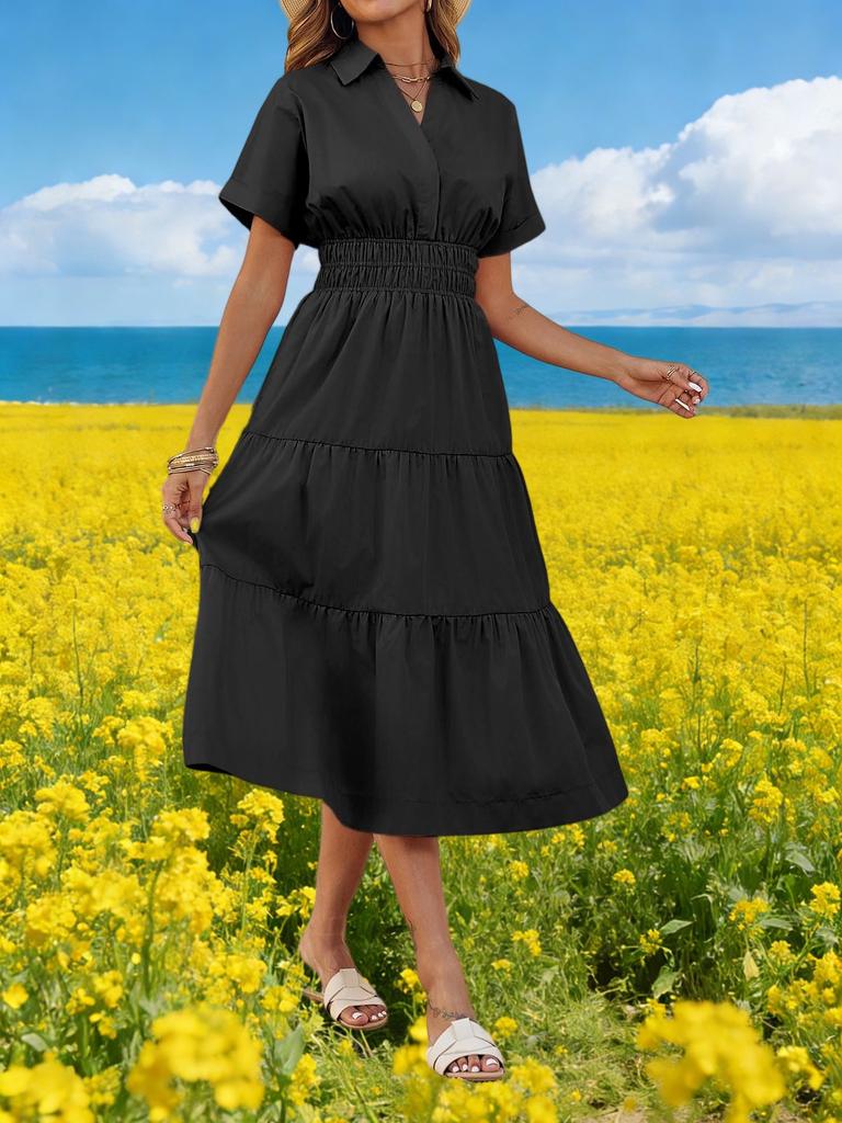 Womens V Neck Smocked Maxi Dress Short Sleeve Flowy Tiered Dress With Pockets