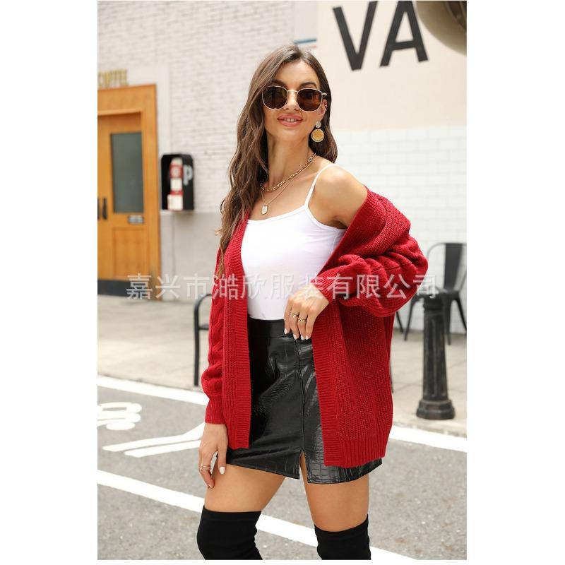 Women S V Neck Knitted Cardigan Long Sleeve Solid Color Loose Fit Sweater