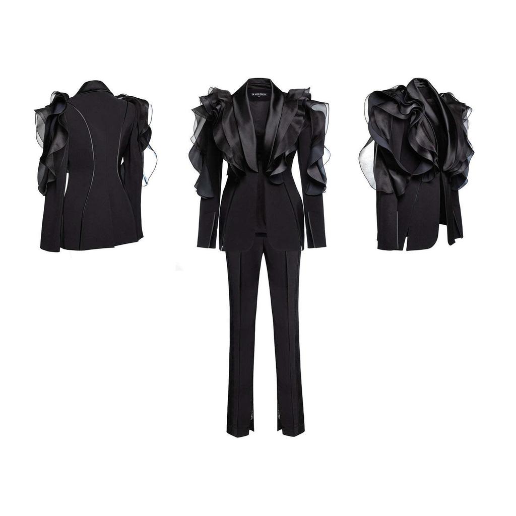 Niche Elegant Black 3D Ruffle Asymmetrical Slim Blazer