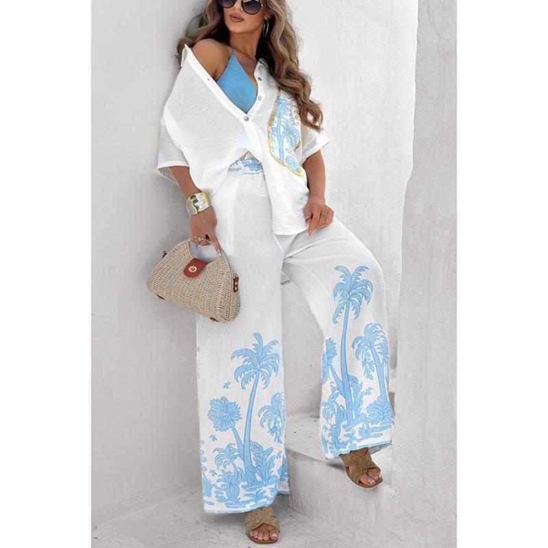 Costume décontracté en coton et lin d'été européen-américain 2026: Ensemble deux pièces de plage pour femme Pantalon large imprimé