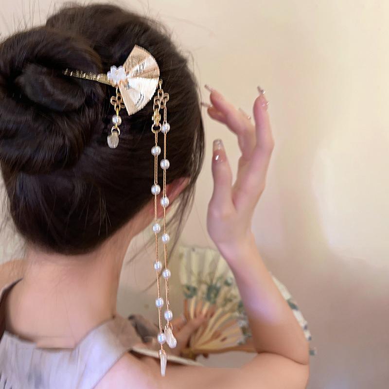 1pc Chinese Style Niche Personality Fan-shaped Alloy Hairpin Exquisite Tassel Hanfu Qipao Headwear Quick Braided Hair Artifact
