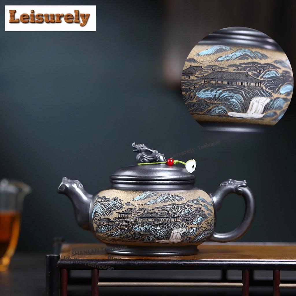 410ml Retro Yixing Lila Ton Teekannen Handgefertigter Landschaftstopf Rohmaterial Stein Gelber Schlamm Kessel Mit Sieb Chinesisches Zisha Teegeschirr