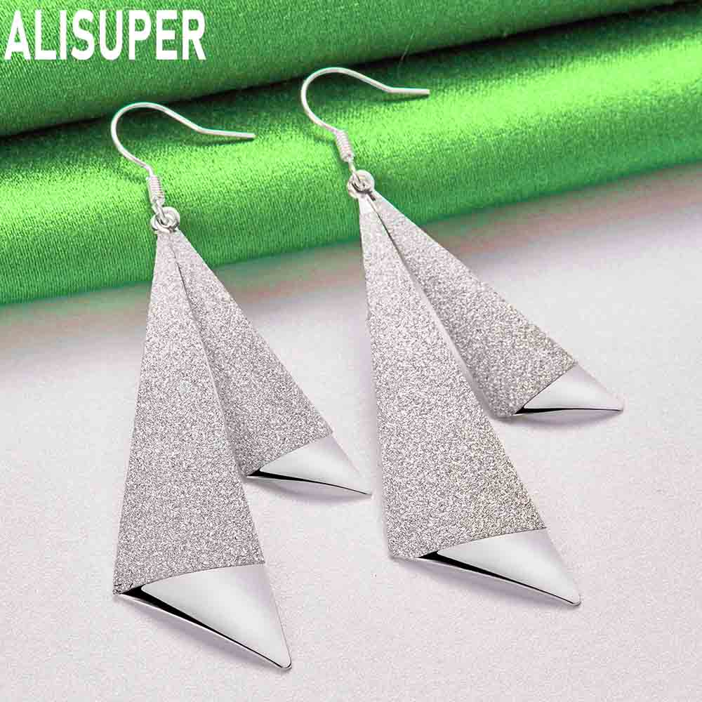 925 Sterling Silver Simple Frosted Geometric Triangle Pendant Earrings - Fashion Banquet Jewelry