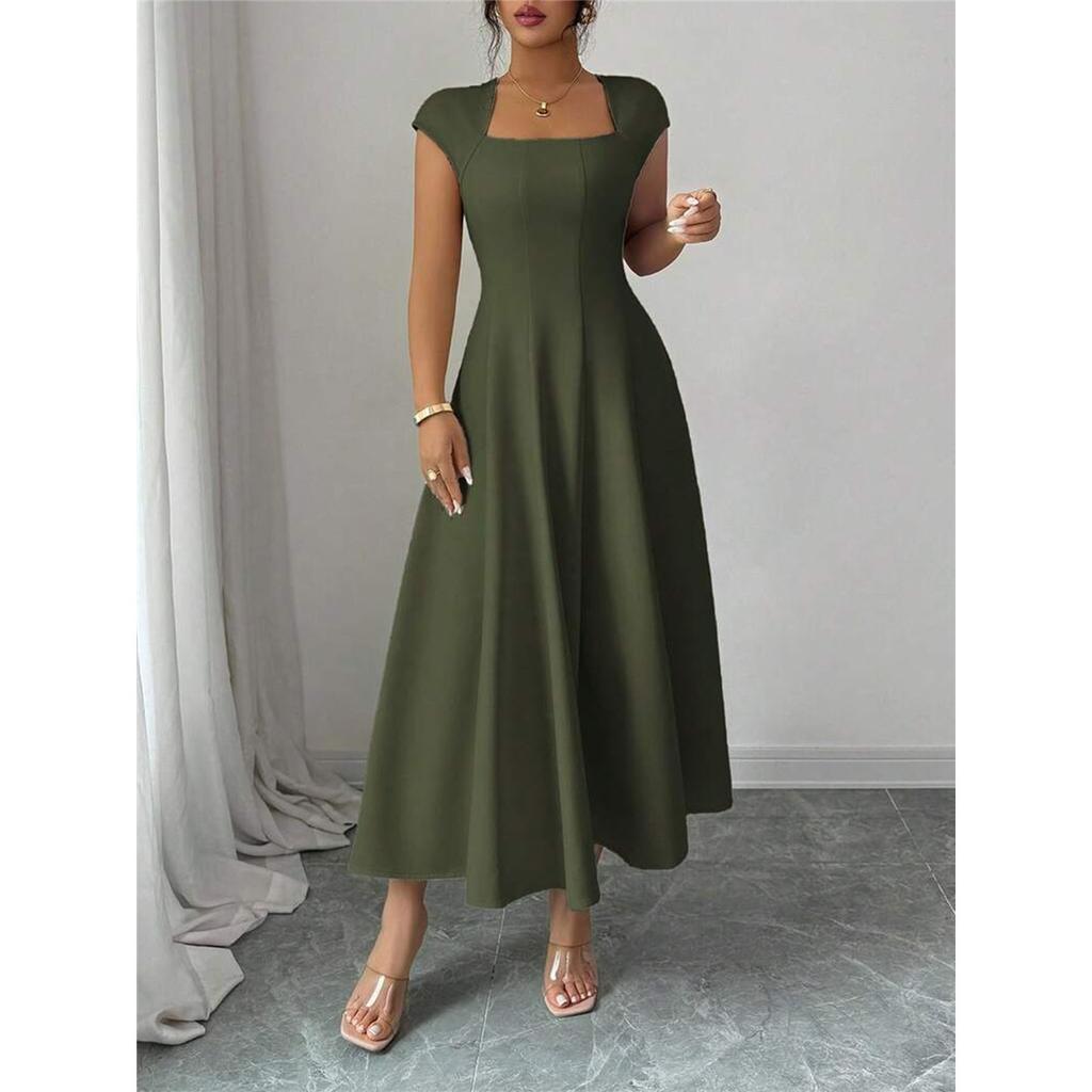 Vestido Elegante Largo de Manga Corta con Escote Cuadrado para Mujer