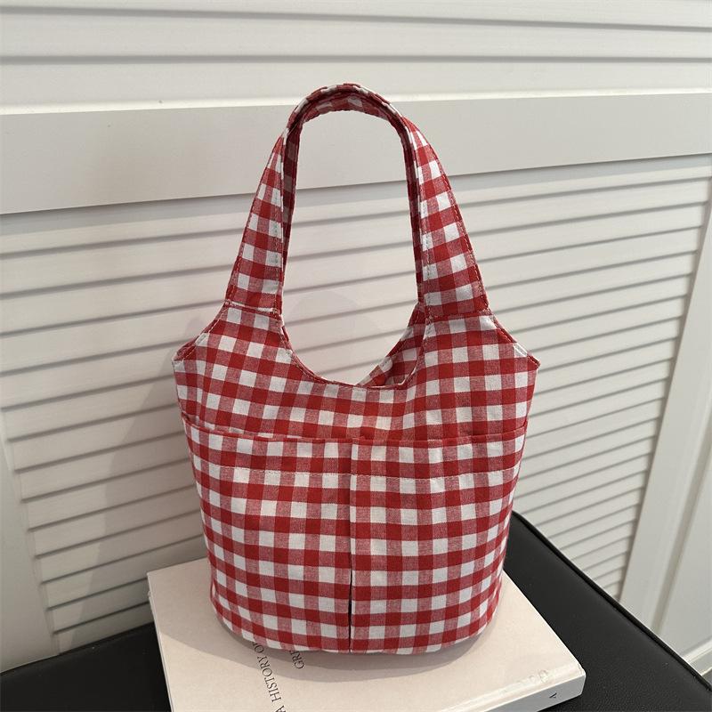 Korean Vintage Plaid Shoulder Underarm Bags for Women Large Capacity Ladies Vest Shopping Bag Lightweight Student Tote Handbags