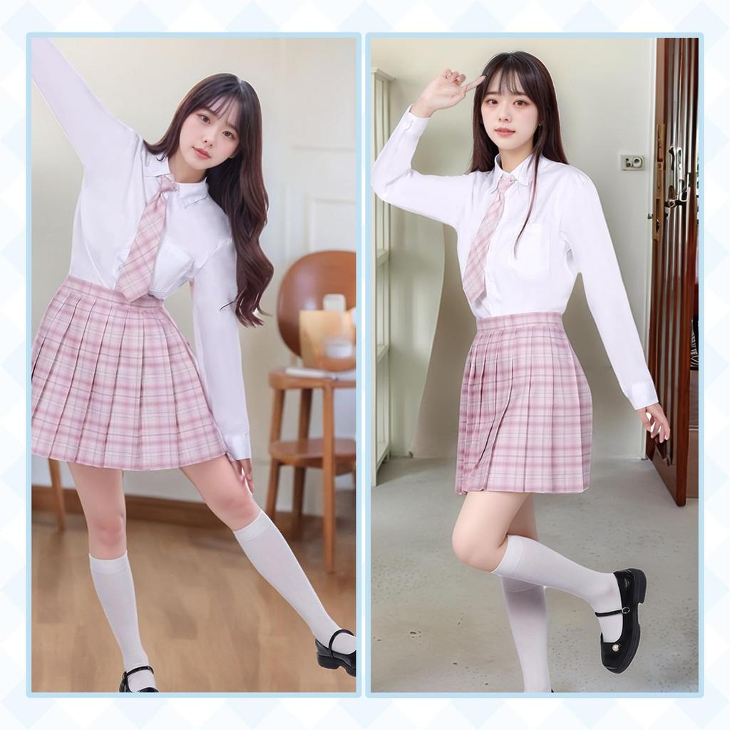 Joyasslly High School Girl Uniform Pleated Checkered Halloween Short Long Sailor Party Outfit Long Sleeve Size 4-Piece Set, Skirt, Skirt, Skirt,