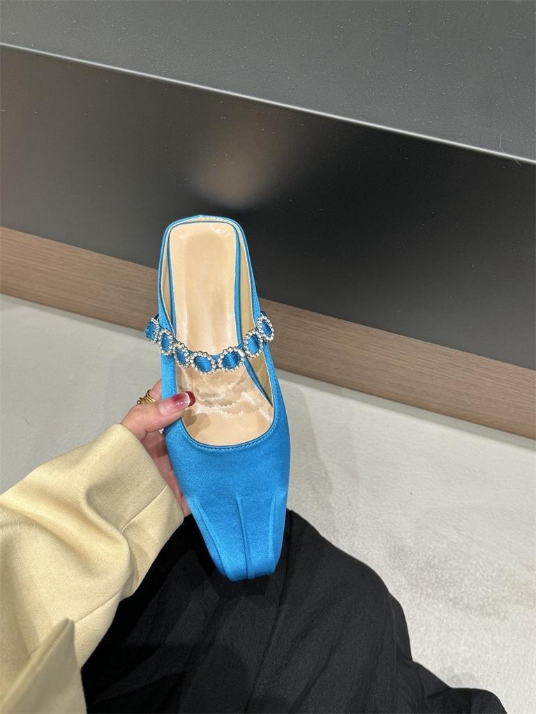 Women's Slippers 2026 New Summer Fashion Sandals Rhinestone Half Drag Thick Heel Mary Jane Shoes Elegant Low Heel Women's Shoes