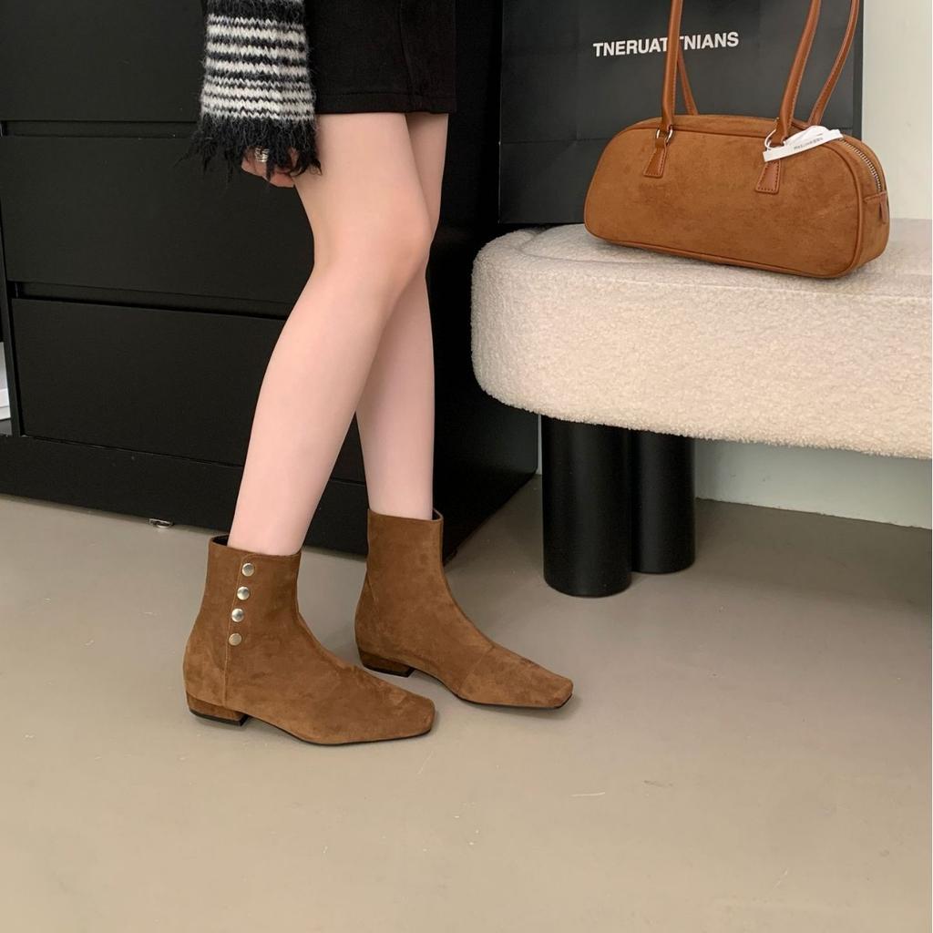 2025 New Round Head Suede Button Square Head Low Tube Thin Martin Fashion Women's Short Boots