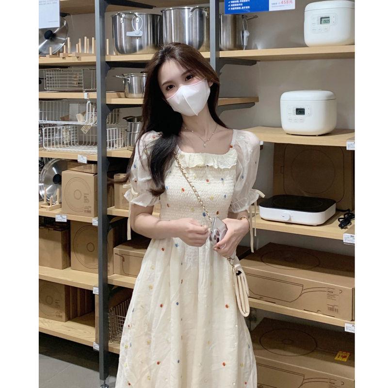 Women s Summer 2026 Square Neck Floral Mid-Length Tea Dress with Waist-Cinched Gentle Style 2XL