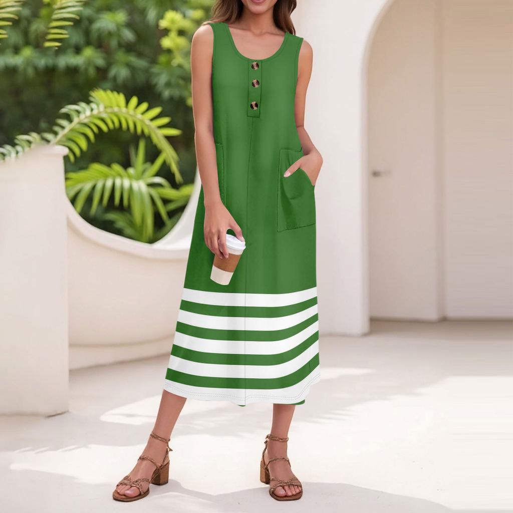 Women's Summer Casual Fashion Stripe Printed Sleeveless Button Casual Maxi Dress