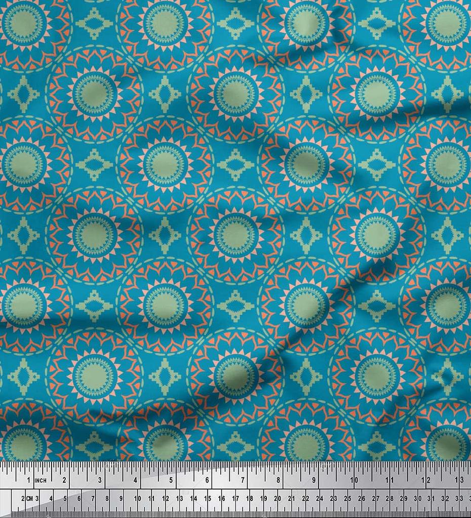 Soimoi Red Japan Crepe Satin Fabric Mandala Geometric Print Fabric by the Metre 42 Inch
