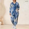 Women Plus Size Printed Nurse Scrub Set V Neck Long Sleeve Pocket Top And Long Pants Blue Beige