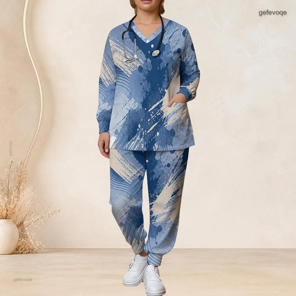 Women Plus Size Printed Nurse Scrub Set V Neck Long Sleeve Pocket Top And Long Pants Blue Beige