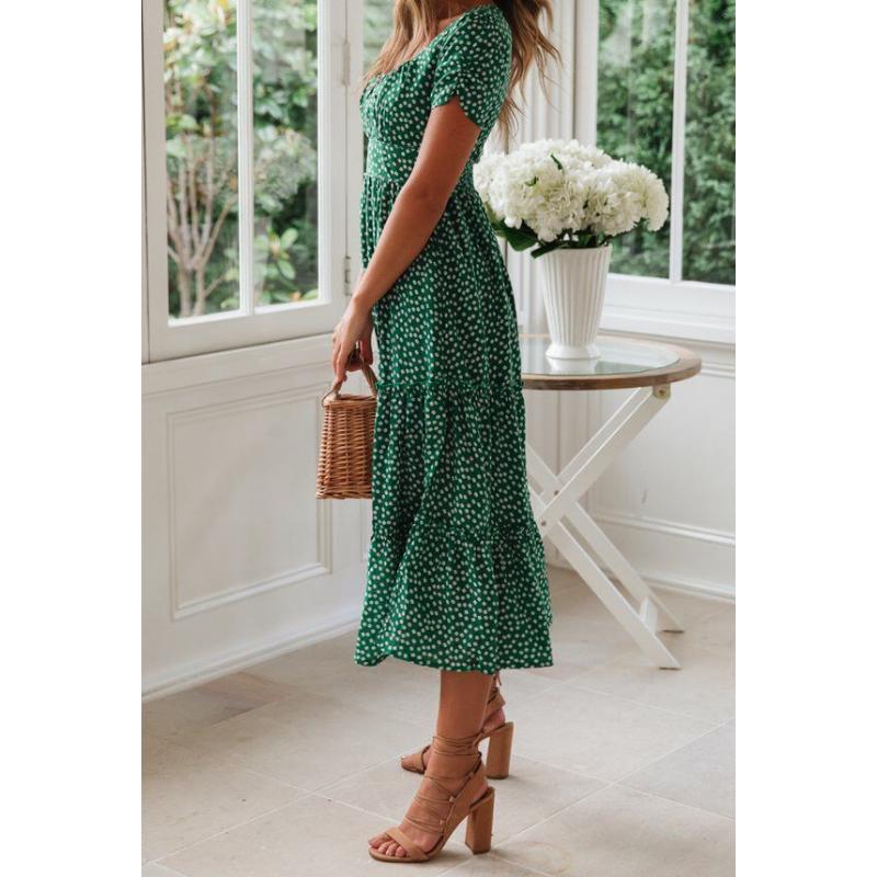 Women's French Vintage Floral Print Midi Dress Square Neck Puff Short Sleeve High Waist Chiffon Tiered Summer Casual Holiday Party Ladies Dress