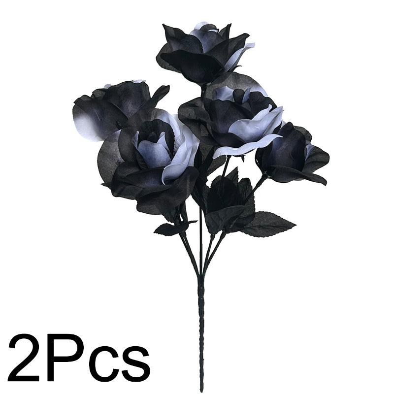 

2 шт. Букет искусственных цветов Готический Искусственная роза Реалистичные цветы Ветка 34 см Черно-белый Декор на Хэллоуин 5 головок