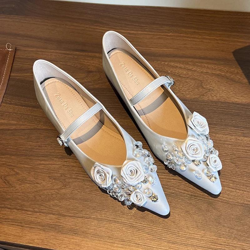 

Дизайнерский бренд модной обуви, женские балетки с острым носком в цветочек, повседневные туфли на плоской подошве для свадебной вечеринки, удобные туфли Мэри Джейн со стразами 42 светло-серый