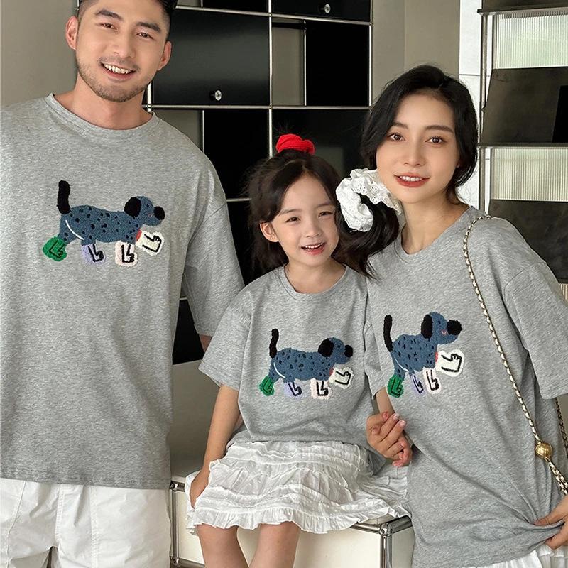 

Parent-Child 3D Dog Embroidery Summer T-Shirt for Boys and Girls 100cm сірий колір