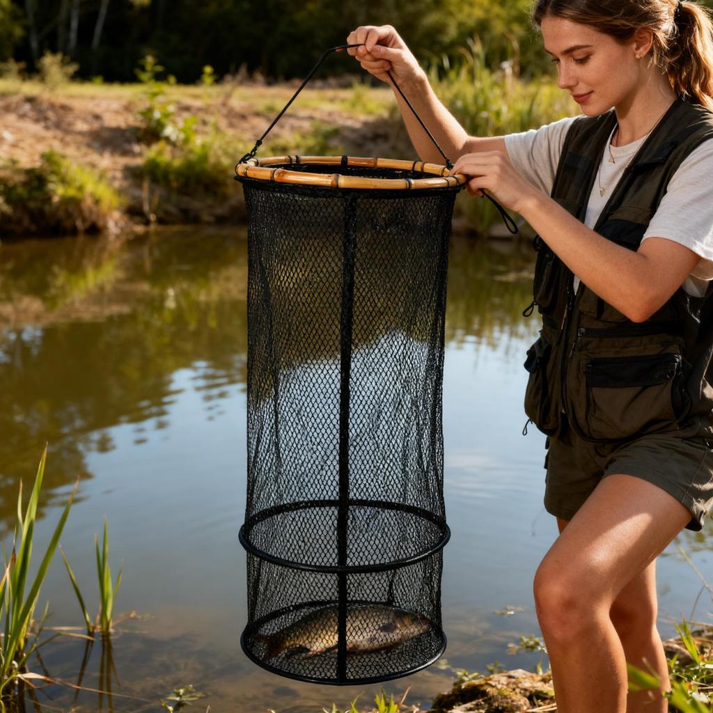Fish Basket Lightweight Nylon Mesh Bait Storage Cage Foldable Fishing Holder for Kayak Crayfish Baitfish Bass Trout Catfish