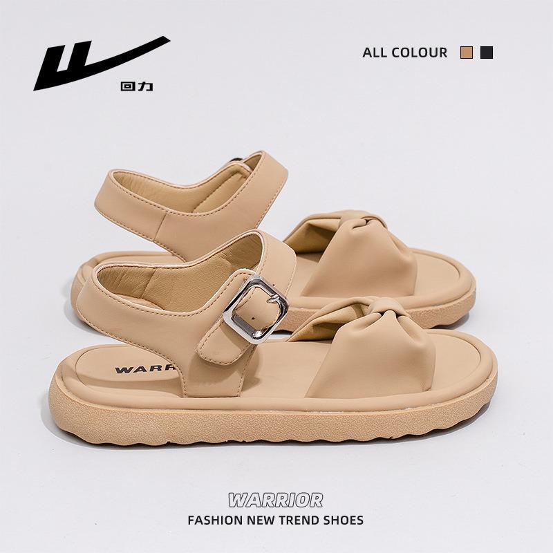 Bow sandals flat-soled women's solid color one-word temperament casual shoes literary and high-value beach shoes