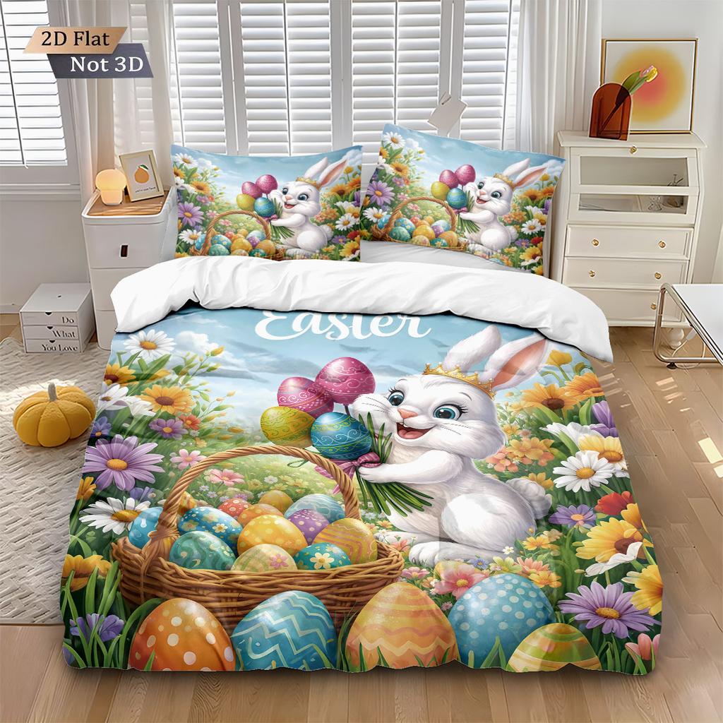 3pcs Easter Happy Cute Rabbit Easter Egg Printed Chipless Quilt Set Multi Size Bedding Decoration Comfortable Machine Washable