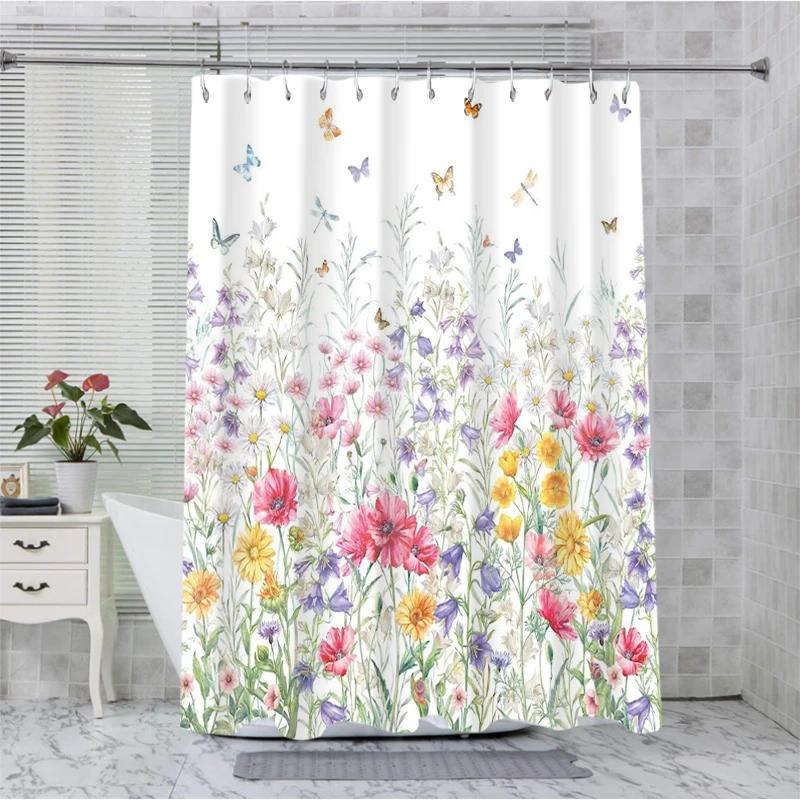 

Butterfly and Floral Bathing Curtain Bathroom Letters Shower Curtain Waterproof With 12 Hooks Fishes Home Deco W90xH180cm