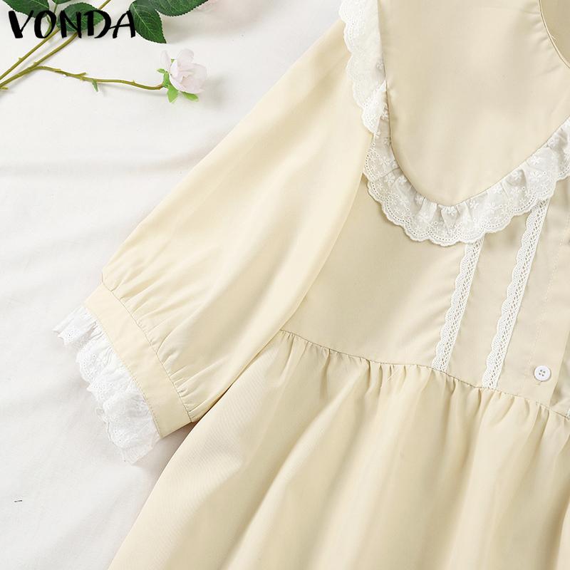 VONDA Rochii Casual de Damă cu Guler Păpușă, Dantelă Patchwork, Mâneci Lungi