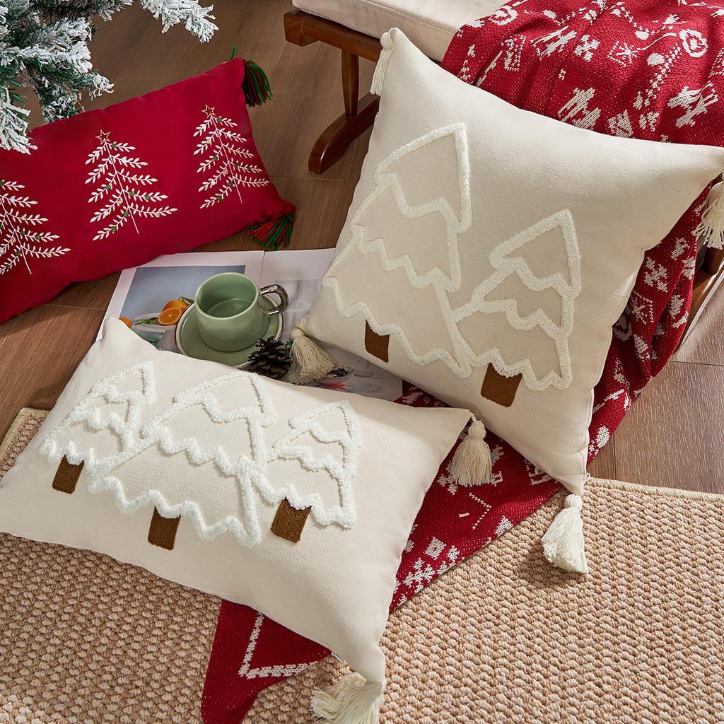 Canvas Embroidered Christmas Pillow Cover Christmas Tree Cushion Tassel Sofa Decoration