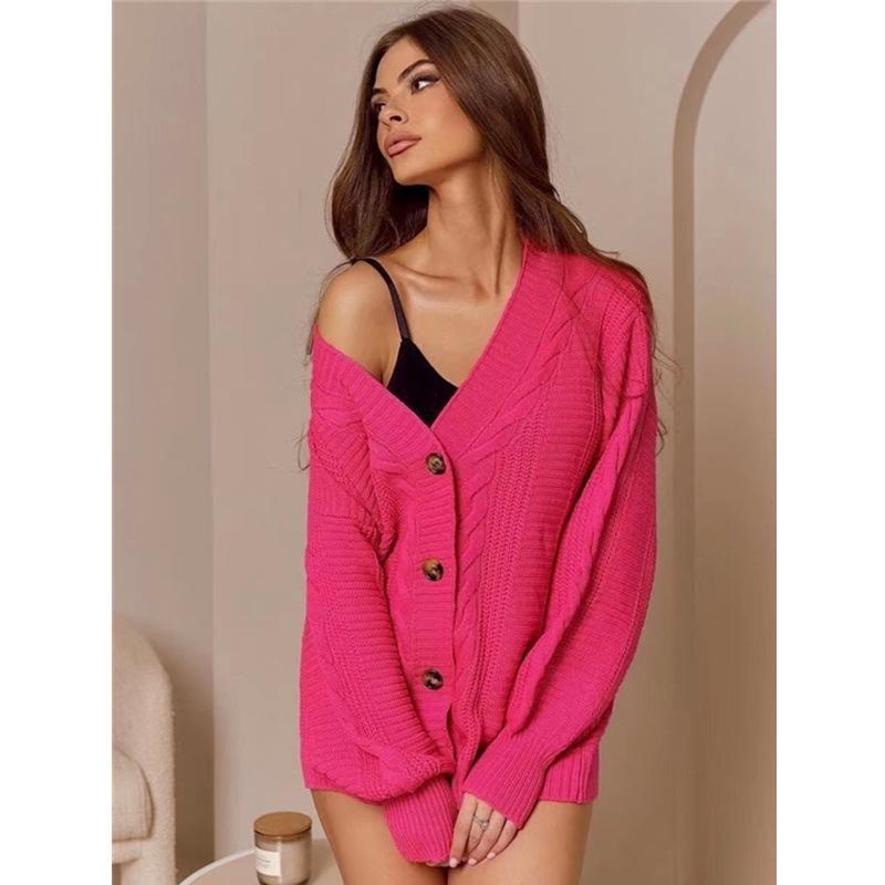 

2025 Multi-color European & American Retro Knit Cardigan Sweater for Women - Autumn/Winter Fashion Small фуксія