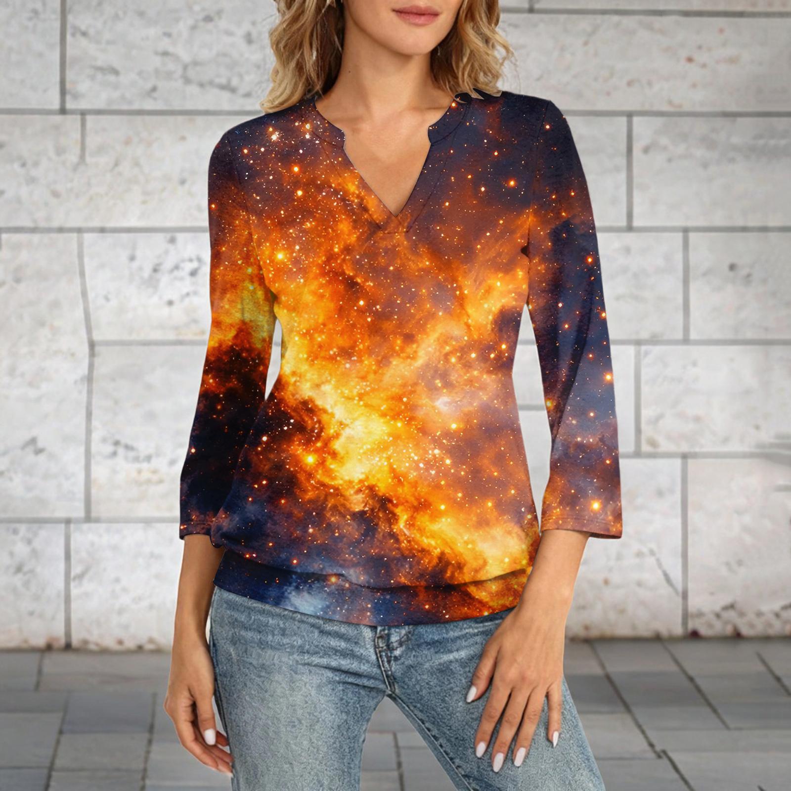 

Women s 3/4 Sleeve Top Neck Hem V-Neck Summer Casual -Shirt Star Printed Top XL шафрановий