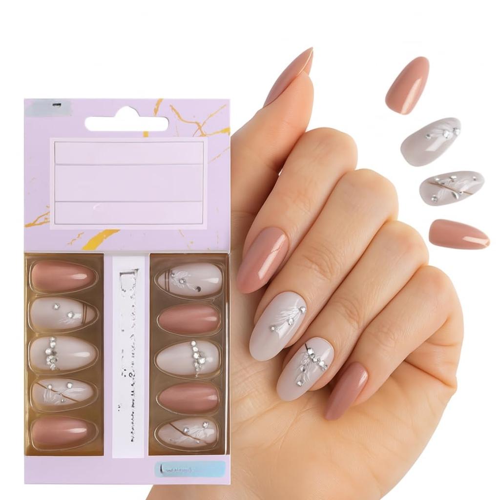 Coslifestore- Pack of 24 Almond shape Press On Nails, Reusable Nail Extensions, Artificial Fake Nails Set For women (Rose Pink, Nude floral design